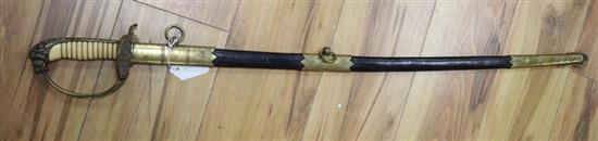 An early 20th century Naval officers sword, curved single etched blade, 78cm, scabbard and hilt stamped 836, overall 97cm